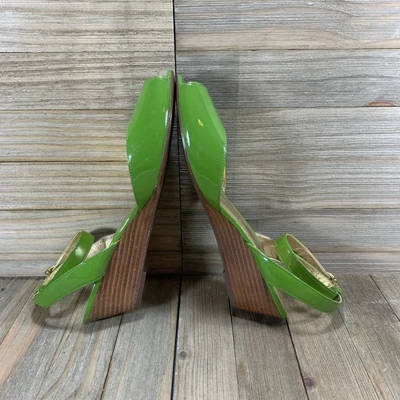 COACH Mackenzie Peep-Toe Wedges Green Gold Womens Size 6B Shoes - Picture 6 of 9